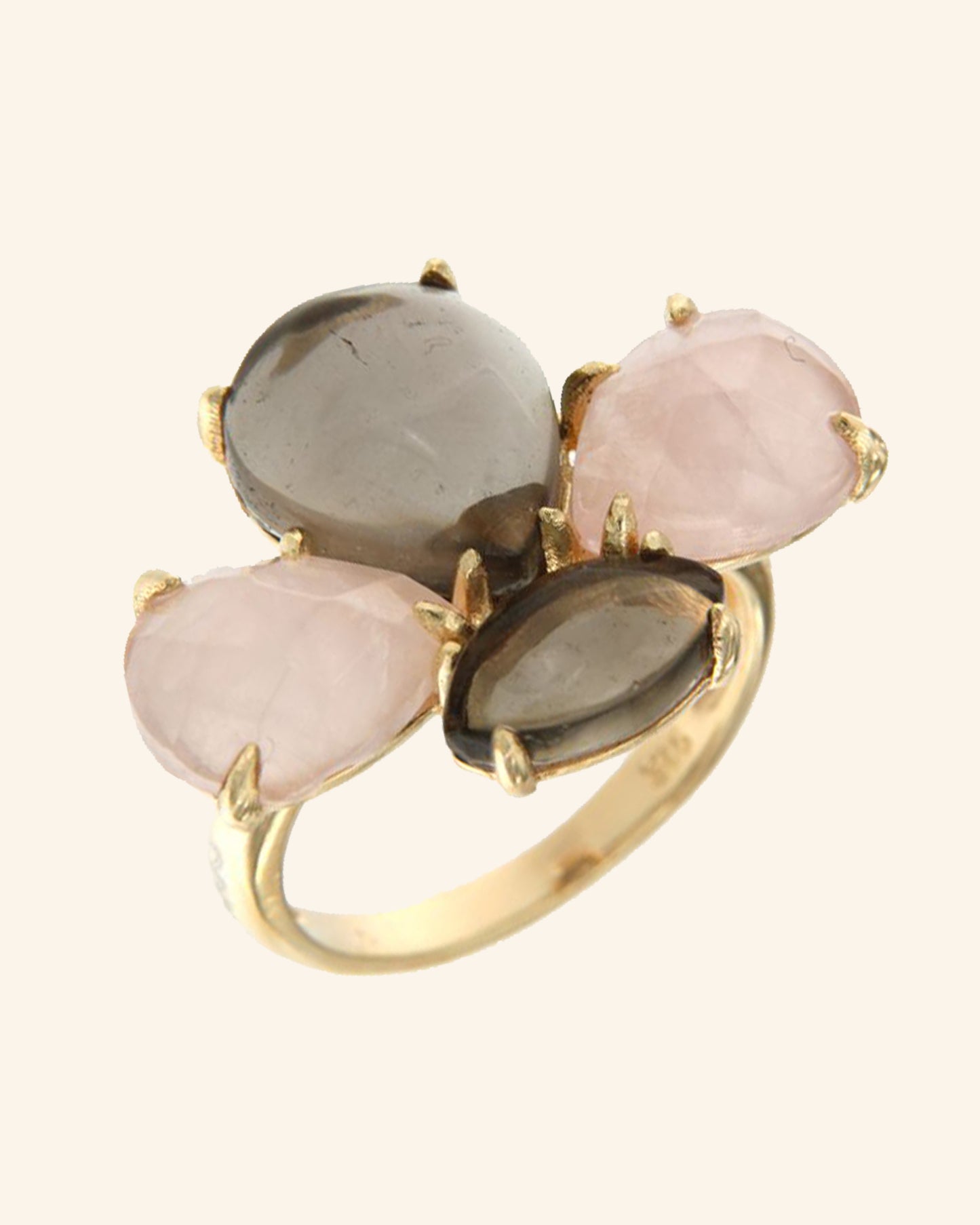 Anillo Bee con cuarzo rosa y cuarzo fumé