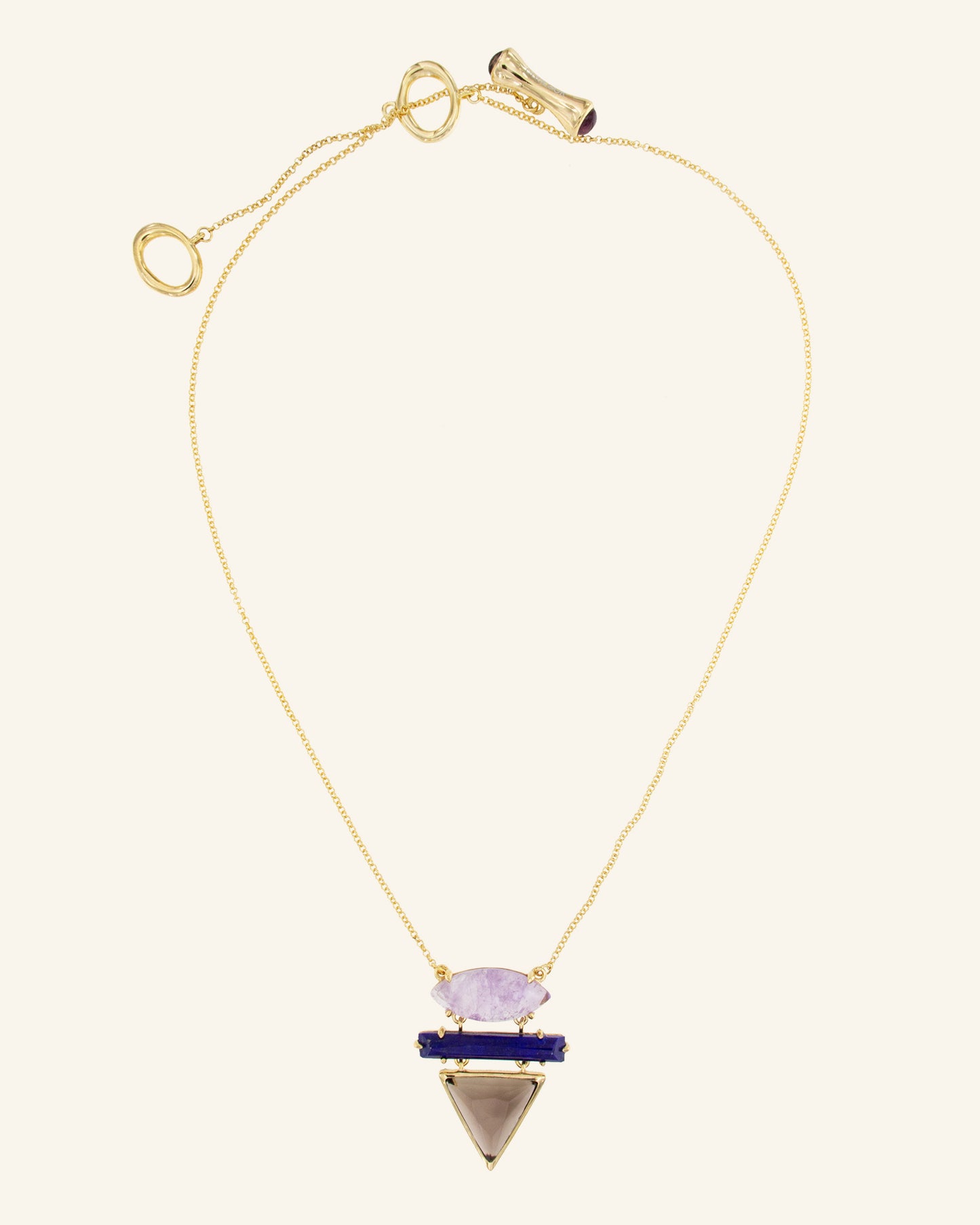 Collar Keops dorado con lapislázuli, amatista y cuarzo fumé
