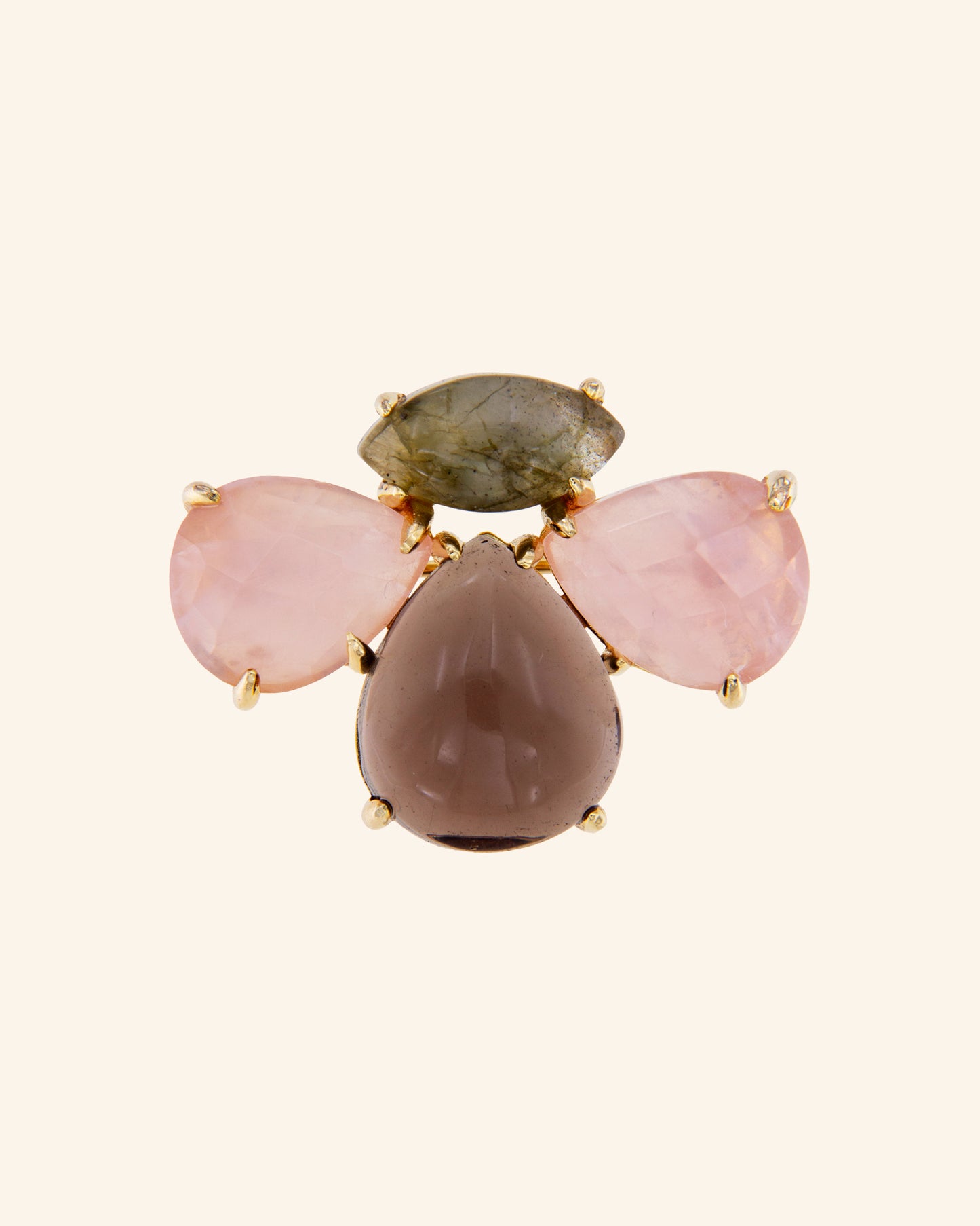 Broche Bee de cuarzo rosa, cuarzo fumé y labradorita
