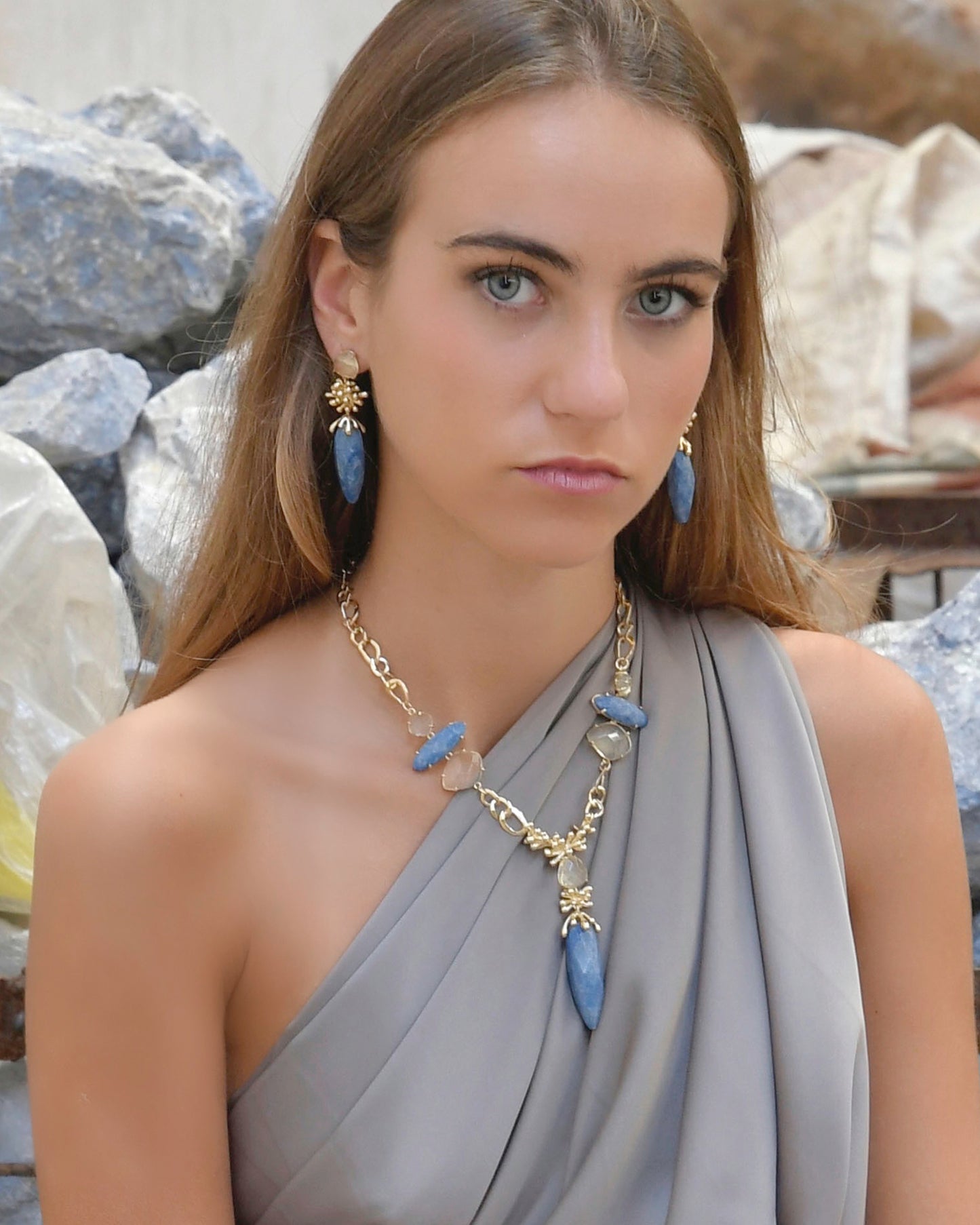 Indic earrings with blue quartz and lemon quartz