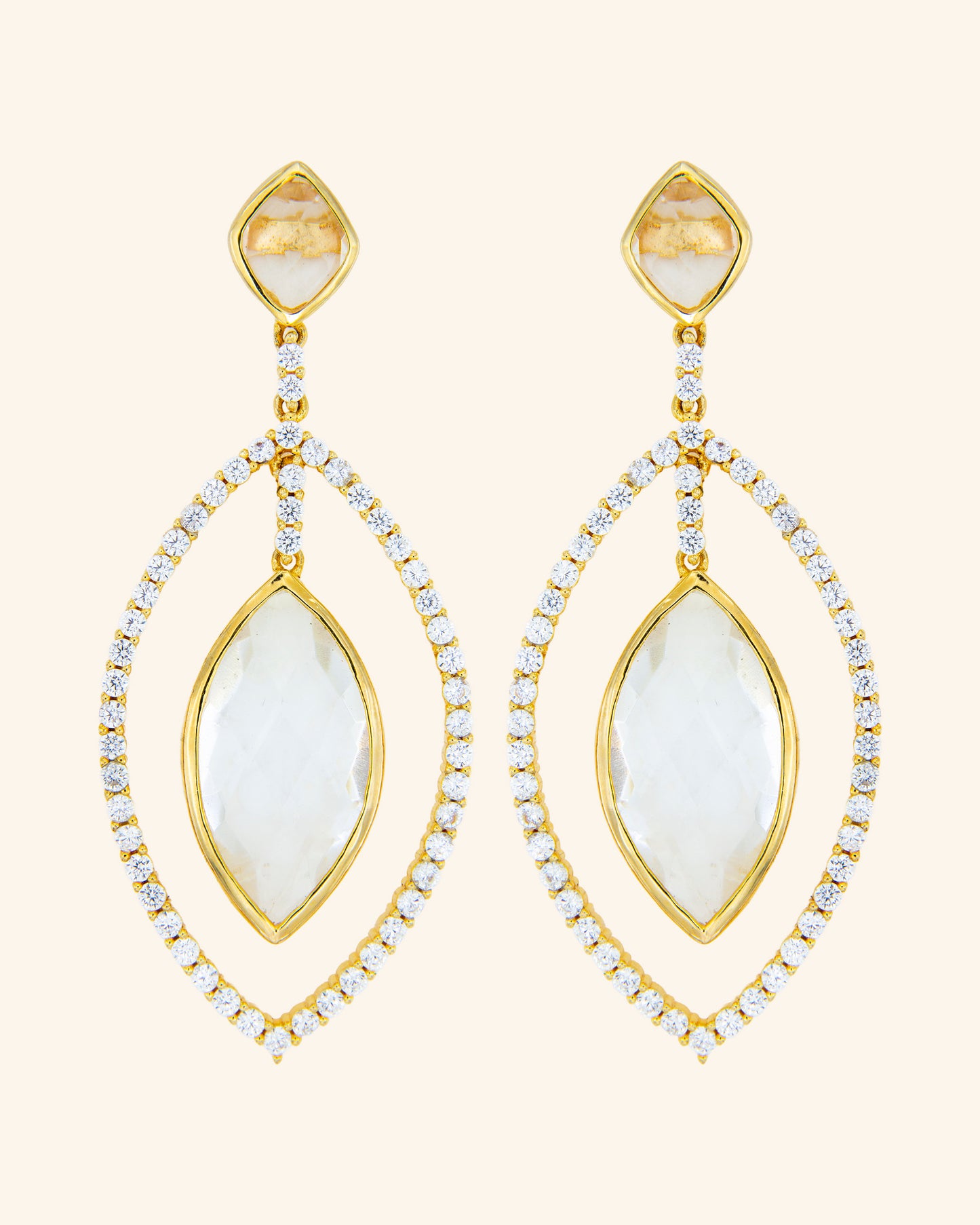 Dome earrings with smoked quartz, colorless quartz and zircons