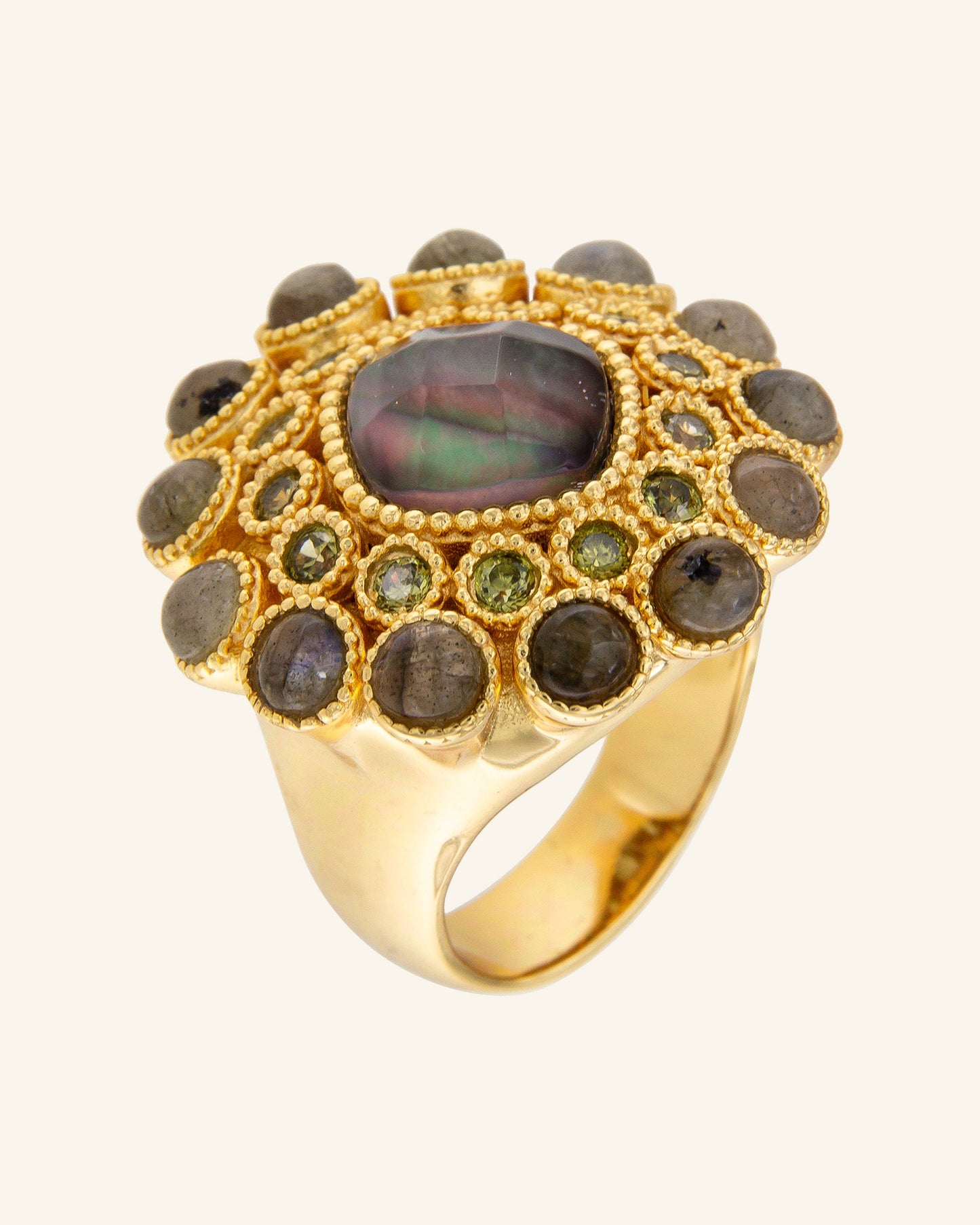 Genesis ring with black mother-of-pearl and labradorite