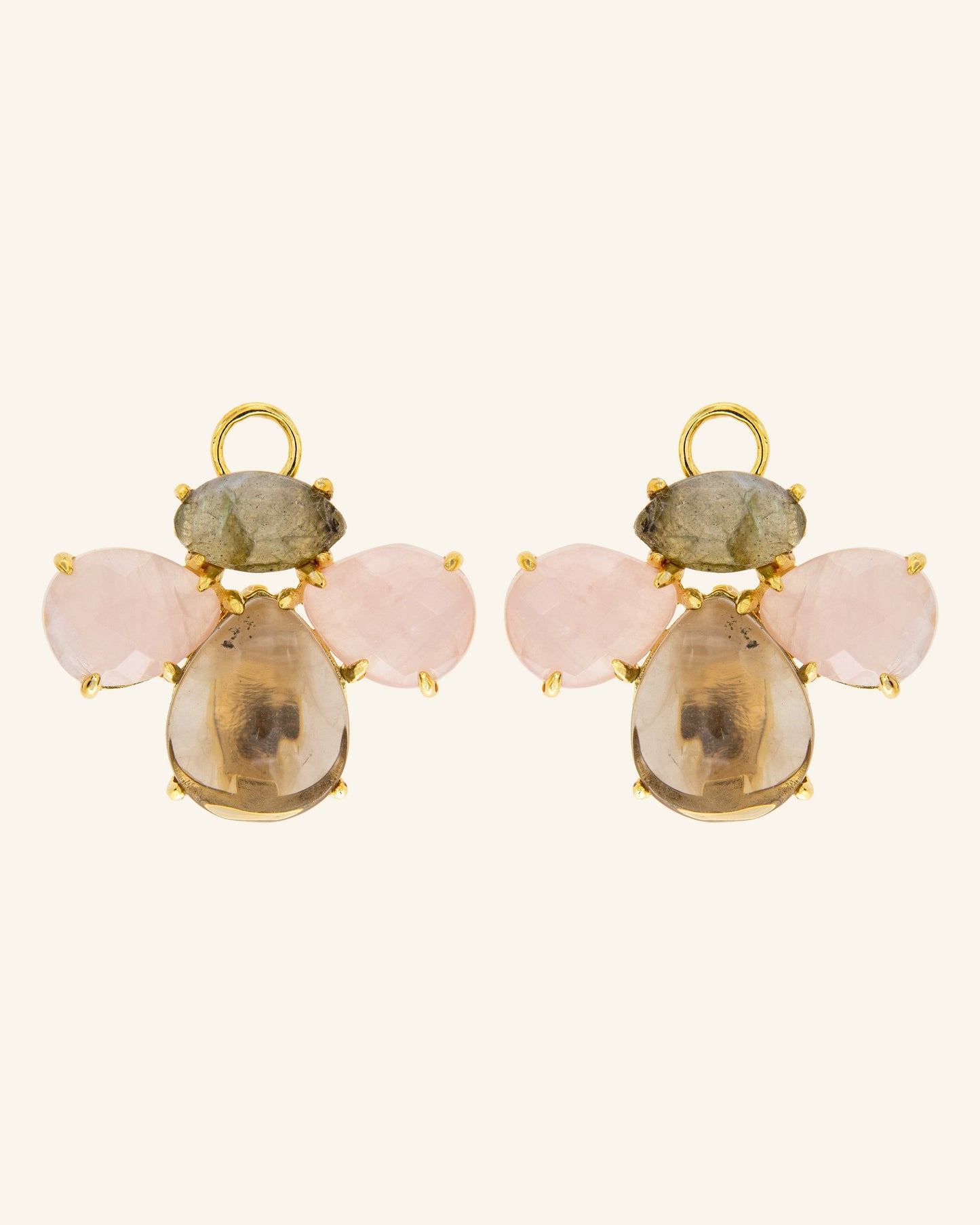 Colgantes Bee con cuarzo rosa, cuarzo fumé y labradorita
