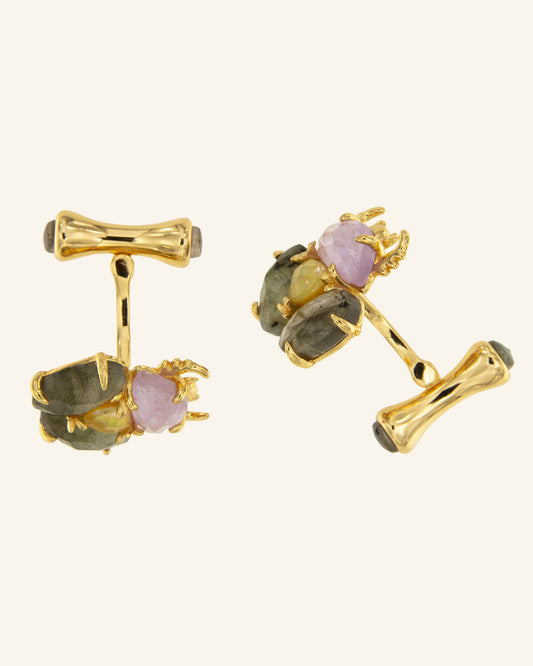 Golden Beetle Cufflinks with Labradorite, Amethyst and Rutilated Quartz