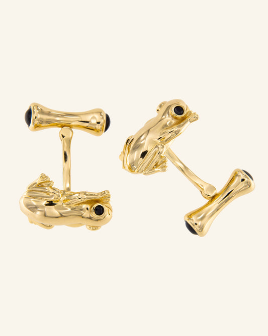 Golden Gus Frog Cufflinks with onyx