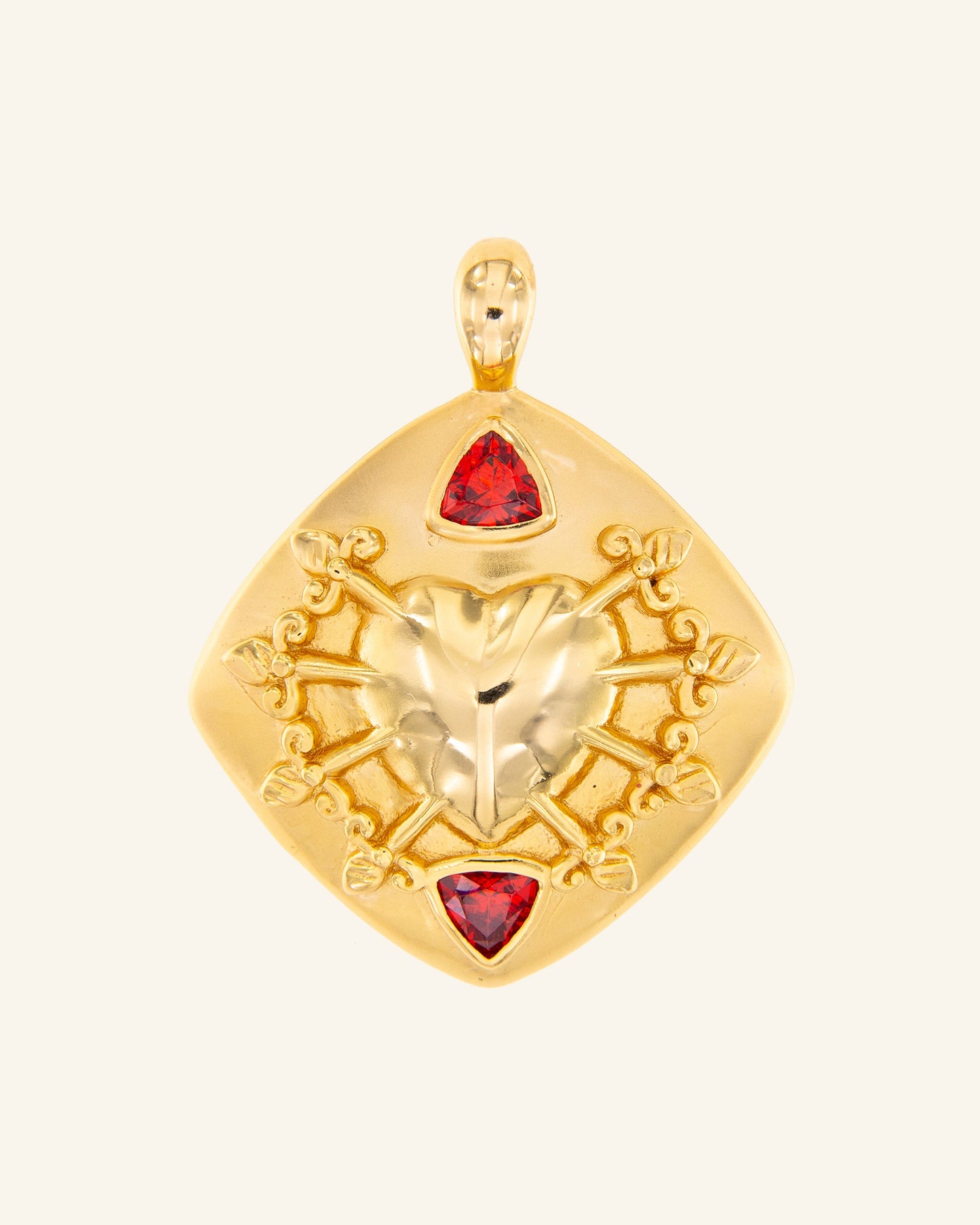Virgin of Sorrows gold medal with garnet quartz