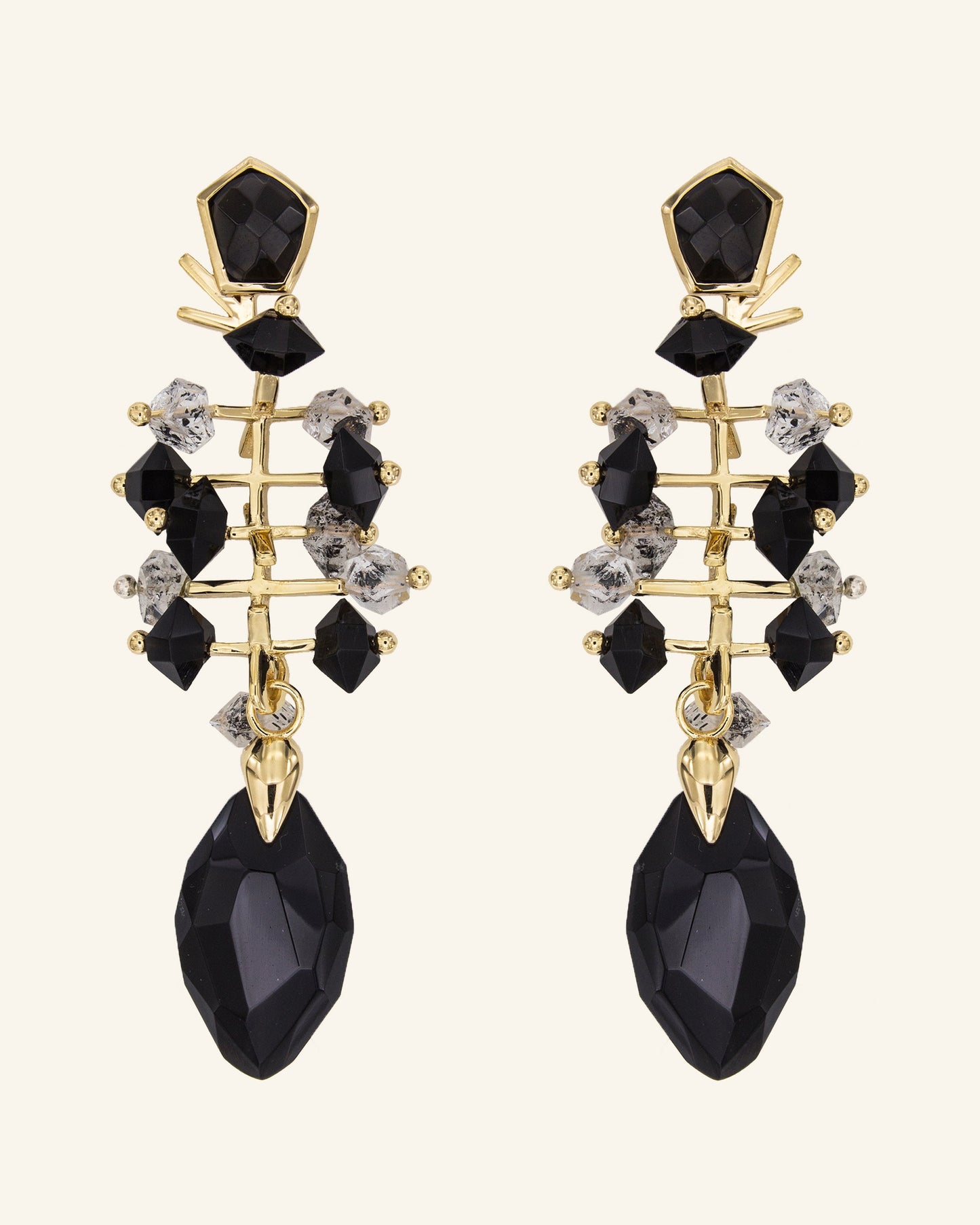 Erebus earrings with herkimer quartz and onyx