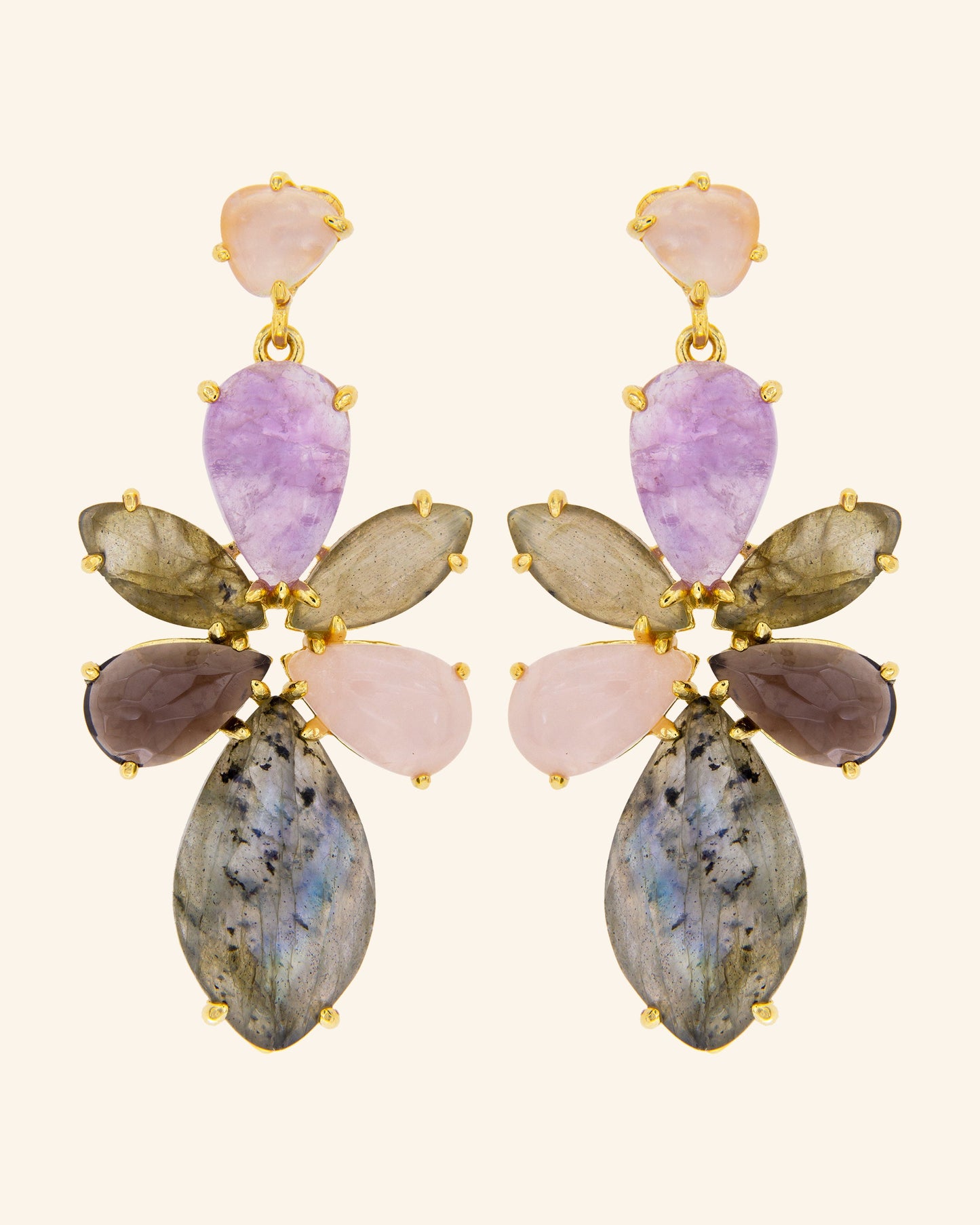 Fauno earrings with labradorite, amethyst, rose quartz and smoke