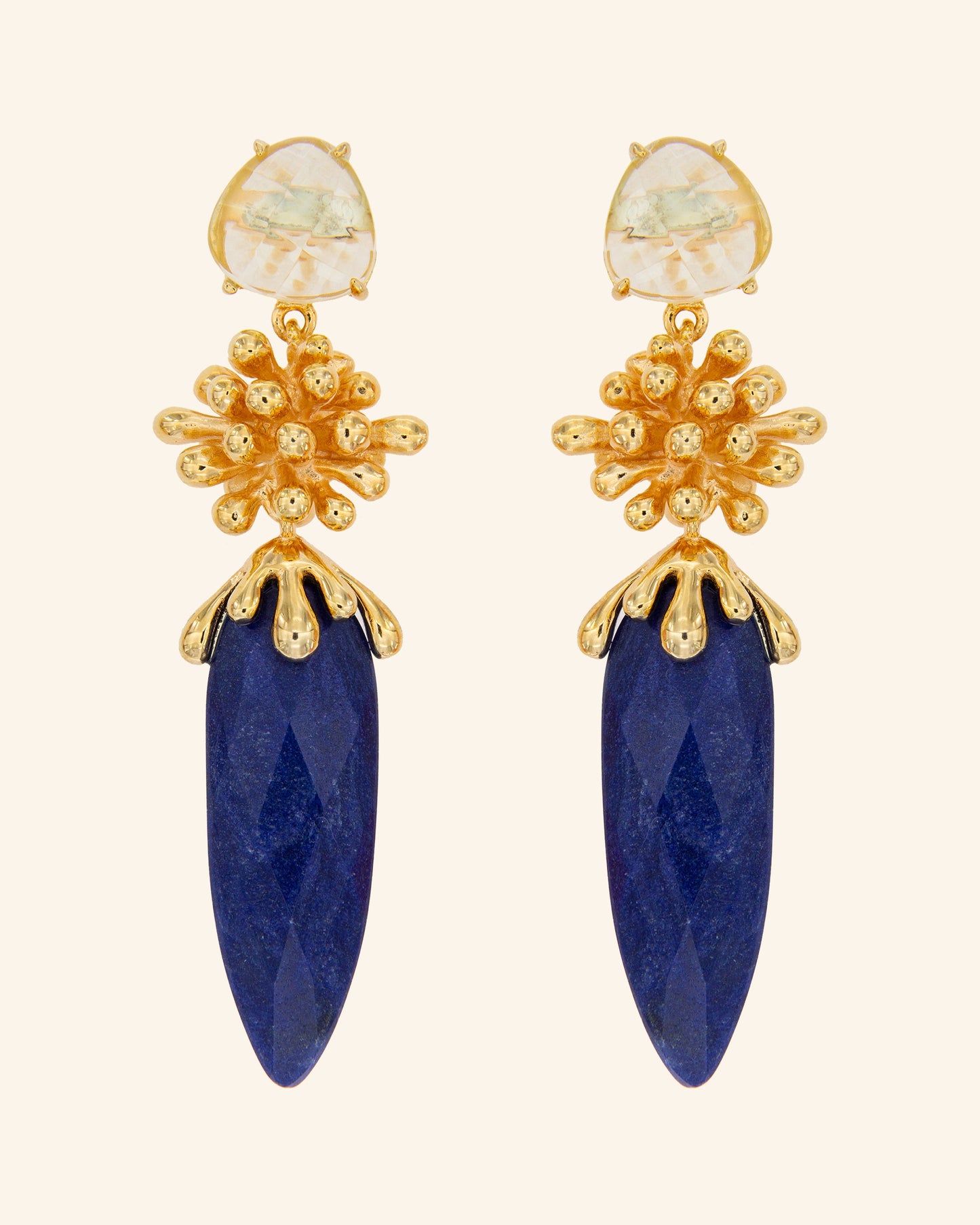 Indic earrings with blue quartz and lemon quartz