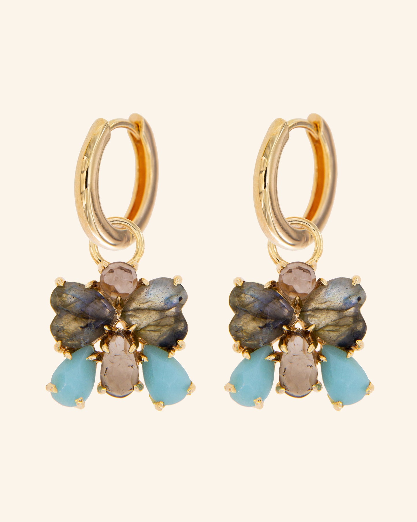 Pendientes Mariposa con labradorita, amazonita y cuarzo fumé