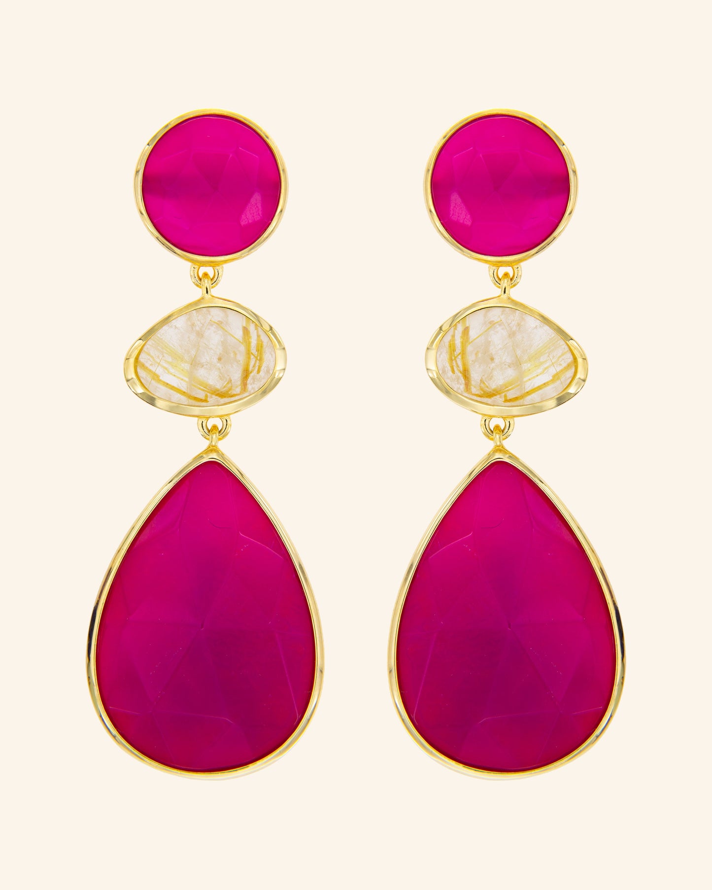 Polaris earrings with raspberry agate and rutilated quartz