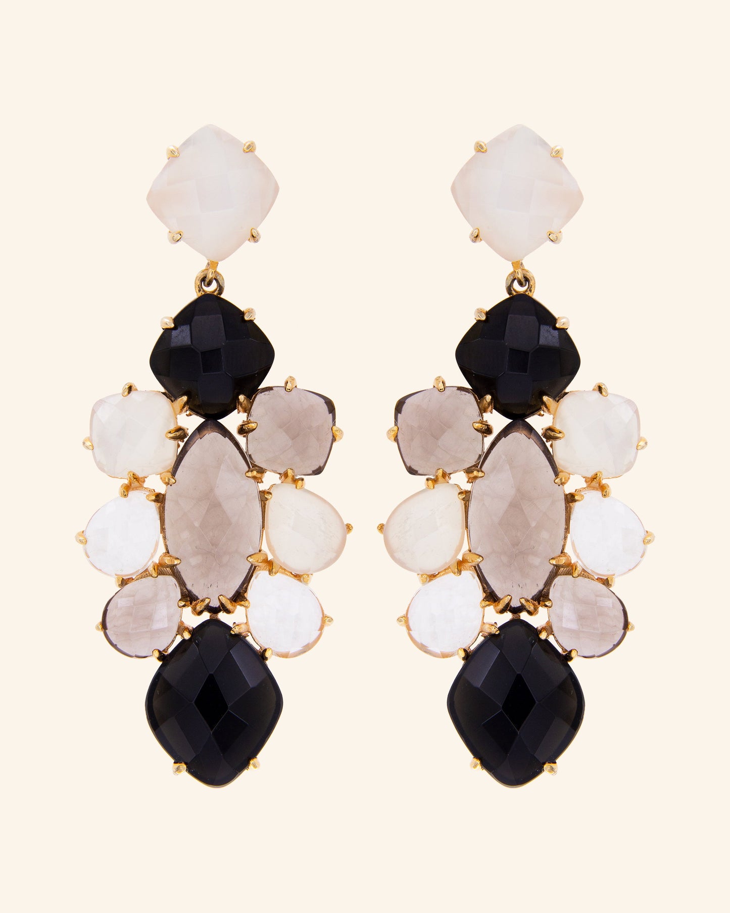 Triton earrings with onyx, smoked quartz and moonstone