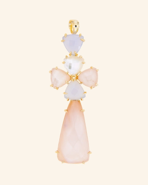 Maltese Cross Pendant with chalcedony and white and pink mother-of-pearl