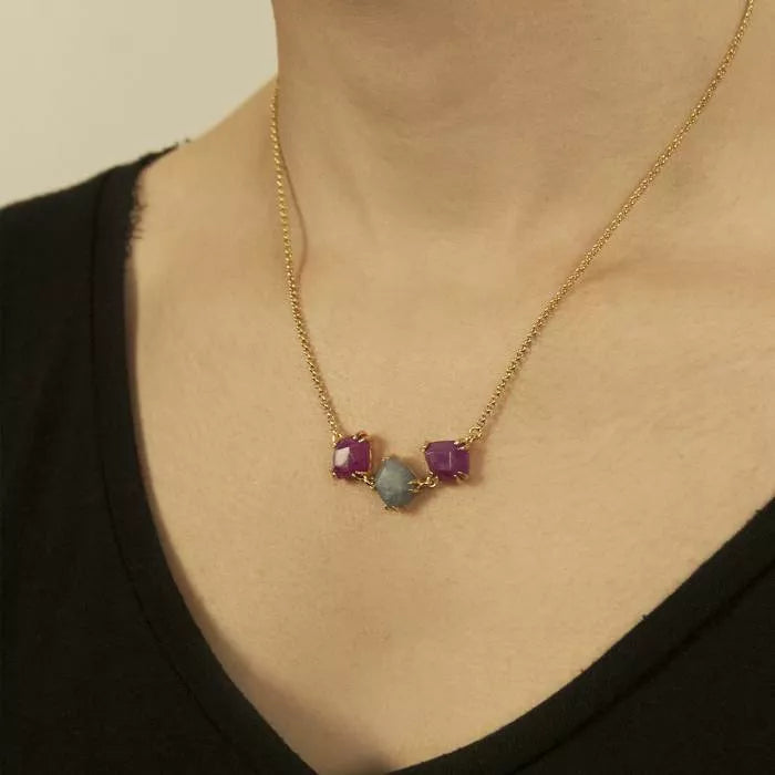 Tricandy necklace with blue quartz and raspberry agate