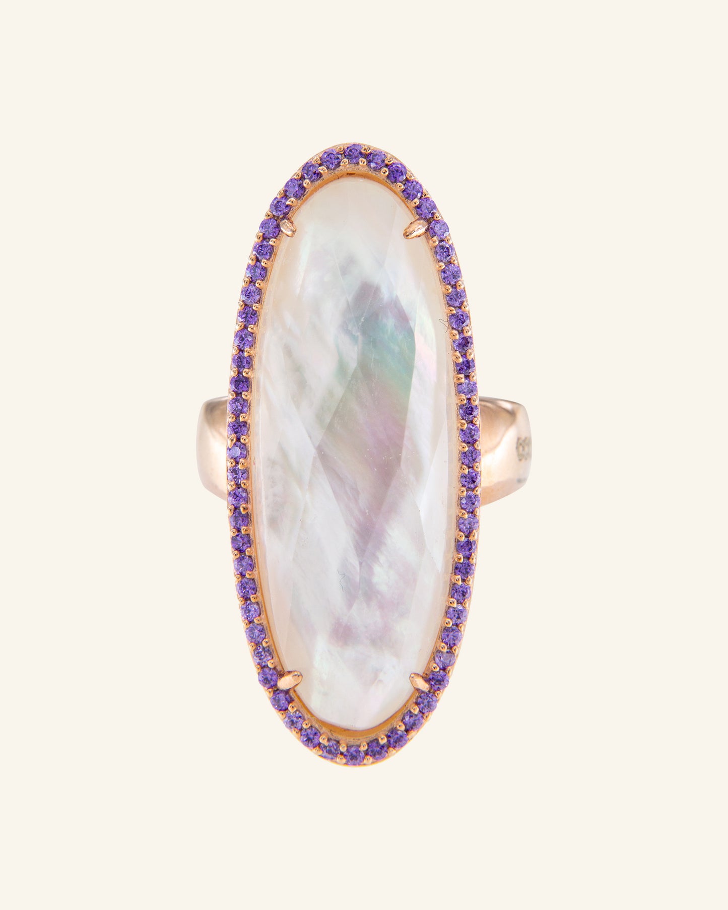 Indian ring with white mother-of-pearl, quartz and zircons