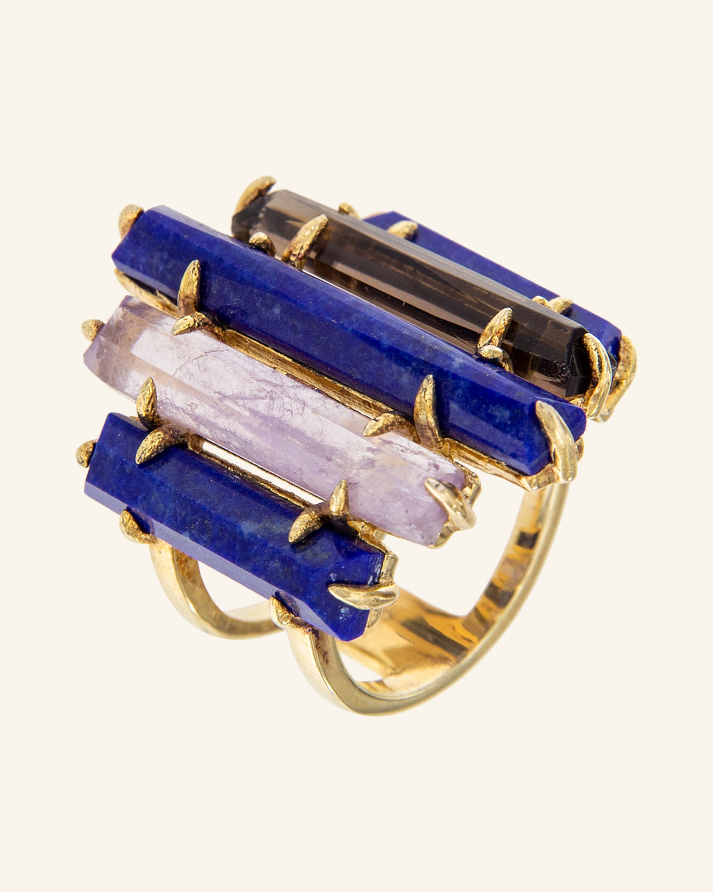 Cheops ring with lapis lazuli, smoked quartz and amethyst