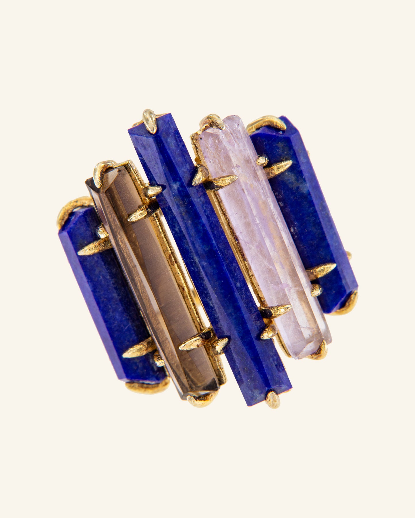 Cheops ring with lapis lazuli, smoked quartz and amethyst