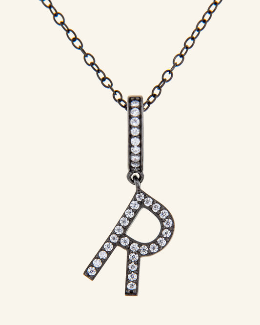 Roma Letter R necklace in ruthenium and zircons 