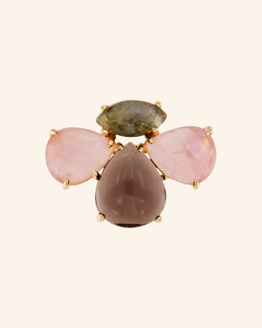 Bee brooch with rose quartz, smoky quartz and labradorite