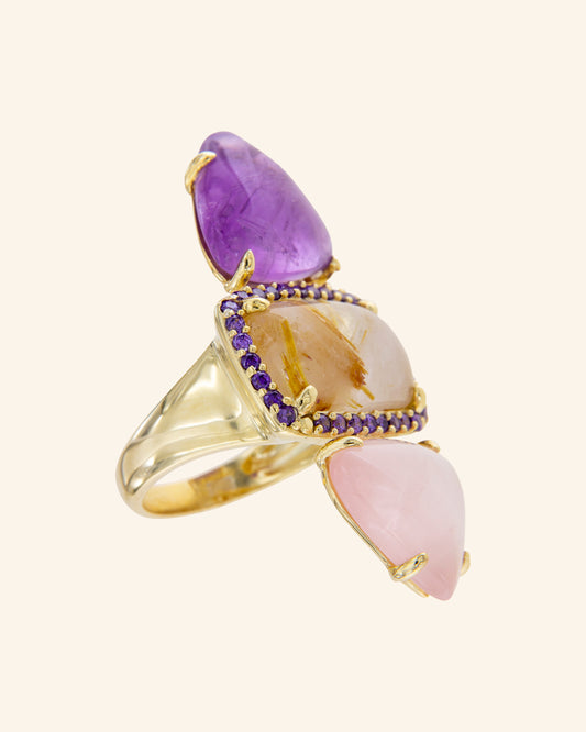 Suhail ring with amethyst, rose quartz and rutilated quartz