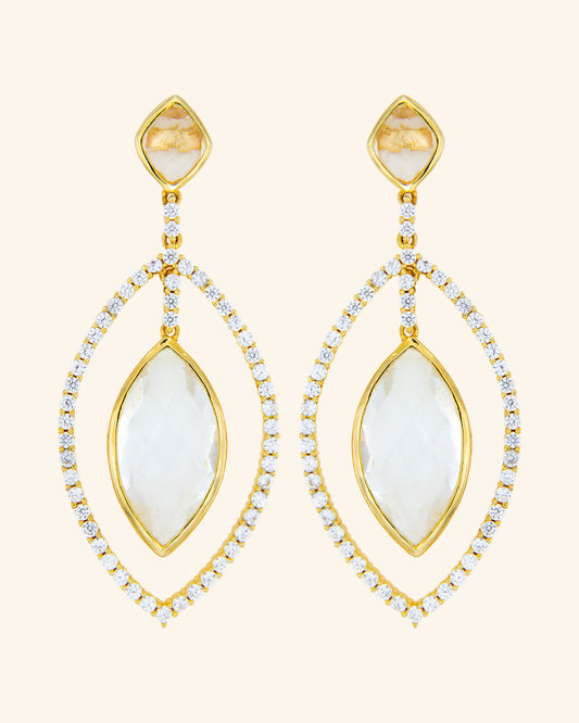 Dome earrings with smoked quartz, colorless quartz and zircons