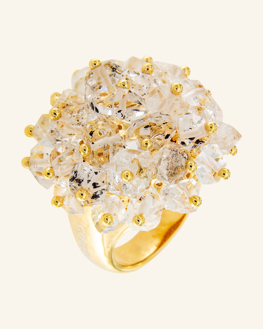 Golden Erebus ring with natural herkimer quartz