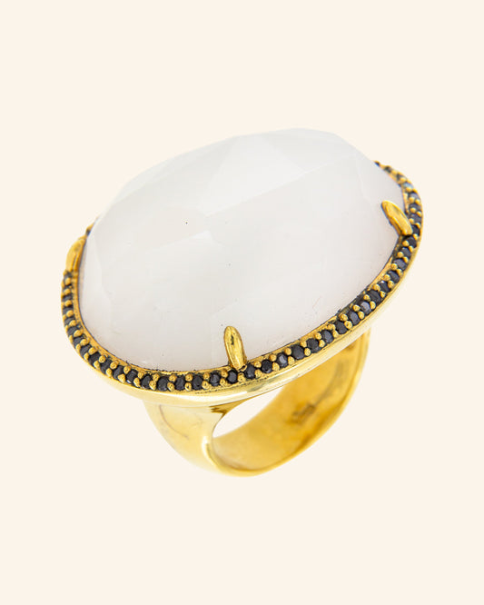 Moon Ring with White Onyx and Zirconia