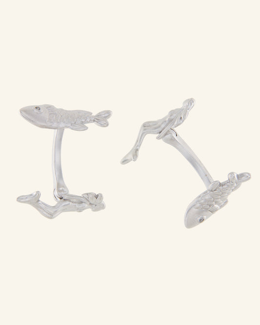 Matte silver swimming cufflinks with zirconia