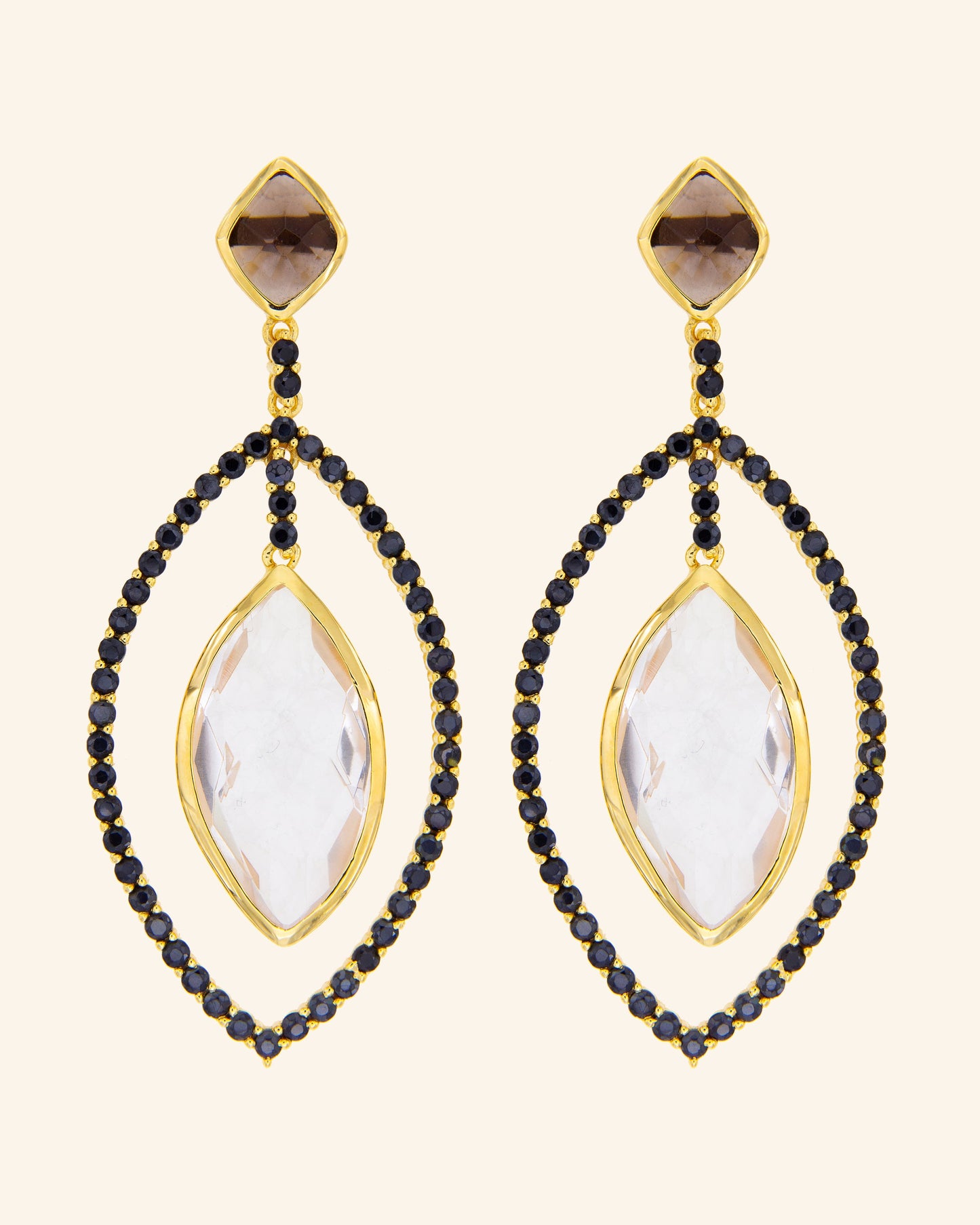 Dome earrings with smoked quartz, colorless quartz and zircons