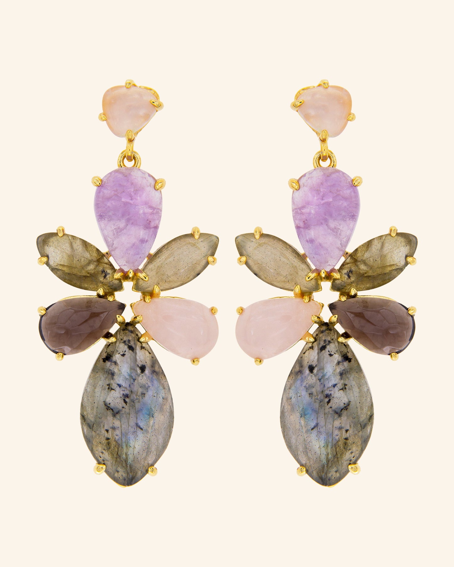 Fauno earrings with labradorite, amethyst, rose quartz and smoke