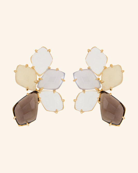 Litos earrings with smoked quartz, chalcedony and colorless quartz