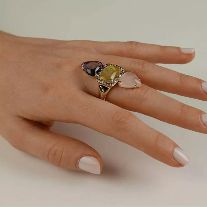 Suhail ring with amethyst, rose quartz and rutilated quartz
