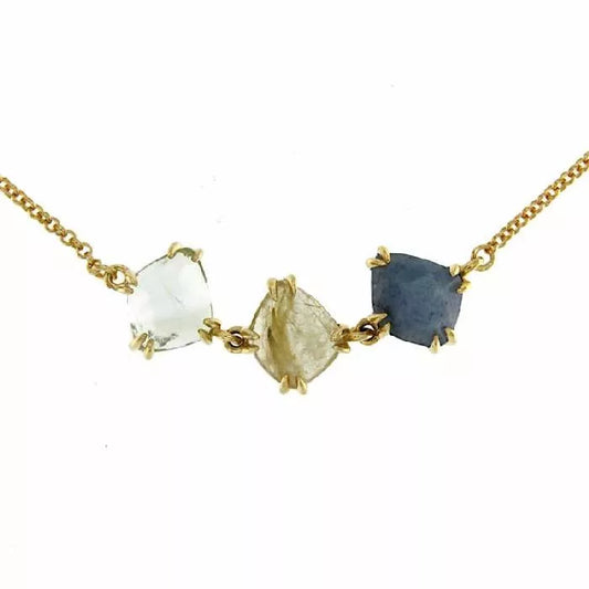 Tricandy necklace with rutilated quartz, blue quartz and green amethyst