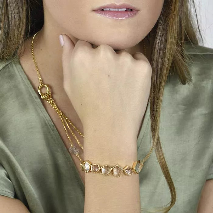 Gold Ross bracelet with colorless quartz and herkimer quartz
